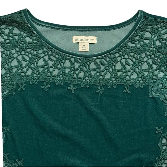 Sundance Lily's Paramour Velvet Long Sleeve Crochet Lace Top M Teal Green Boho - Picture 3 of 9